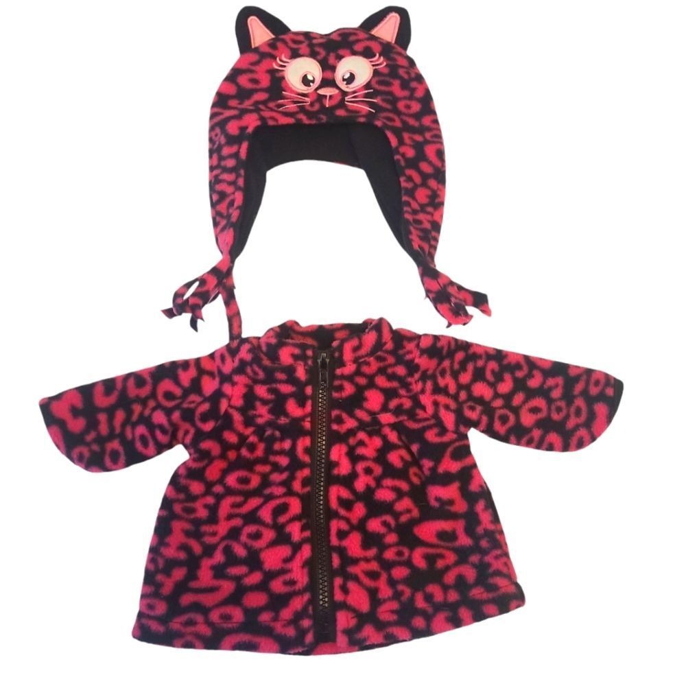 18" Doll Fleece Coat and Kitty Cat Hat Set With Ear Flaps Pink and Black